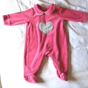 Giggles Pink Velour Footed Baby Onesie with Heart Appliqué | Size 0-3 Months